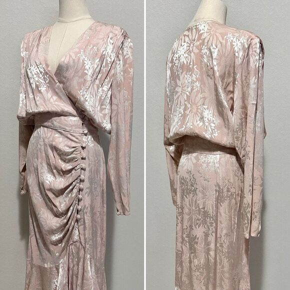 Vintage 80s Blouson Jacquard Drape Midi Dress Sz S Powder Pink Elegant Ladylike - Picture 5 of 9